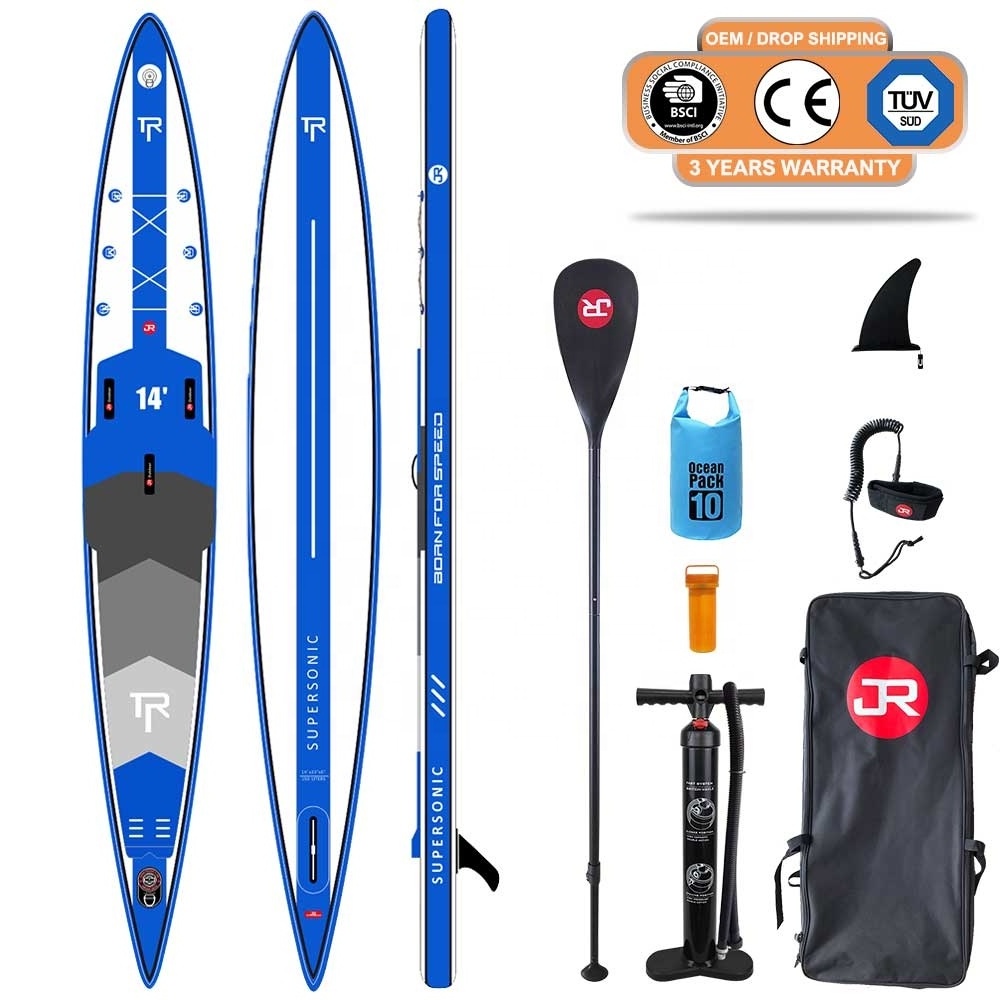 Geetone 2023 60minute Free Design 14' Blue High Speed SUP Race Inflatable Racing Paddle Boards Set With Carbon Rail Band