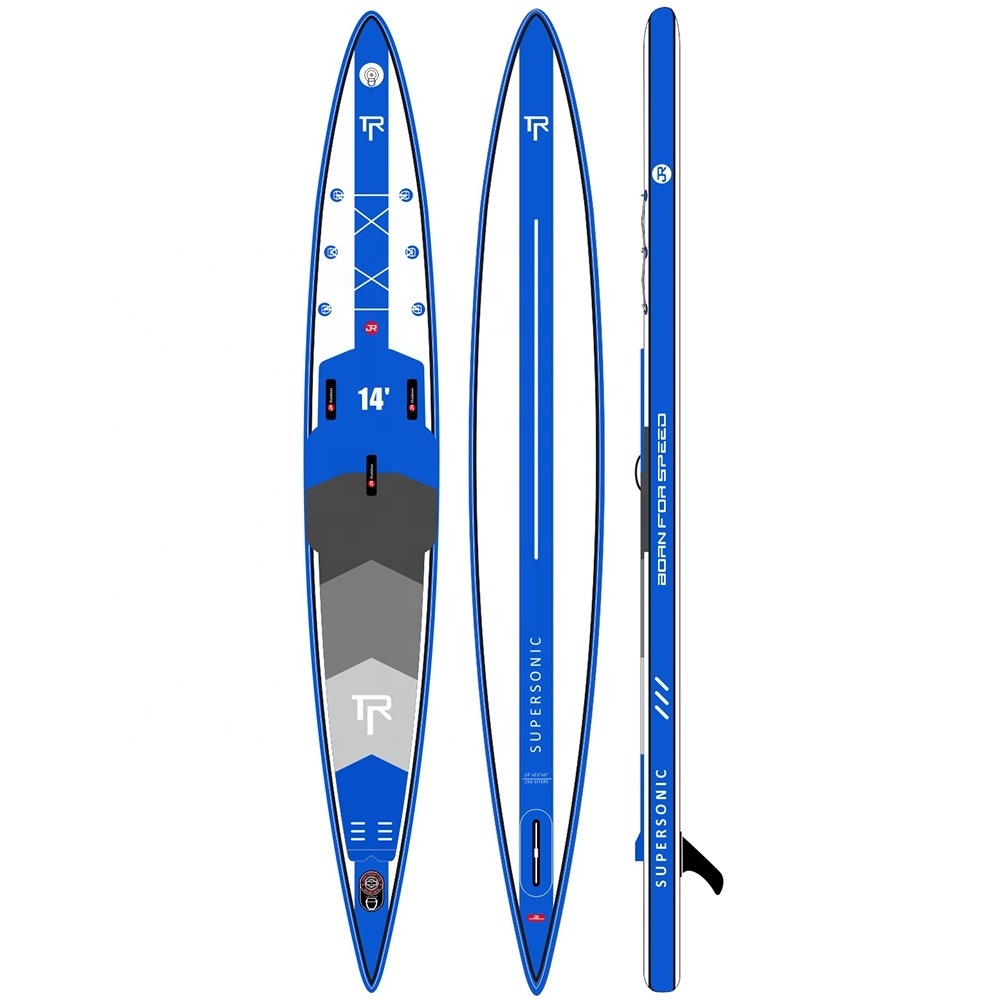 Geetone 2023 60minute Free Design 14' Blue High Speed SUP Race Inflatable Racing Paddle Boards Set With Carbon Rail Band