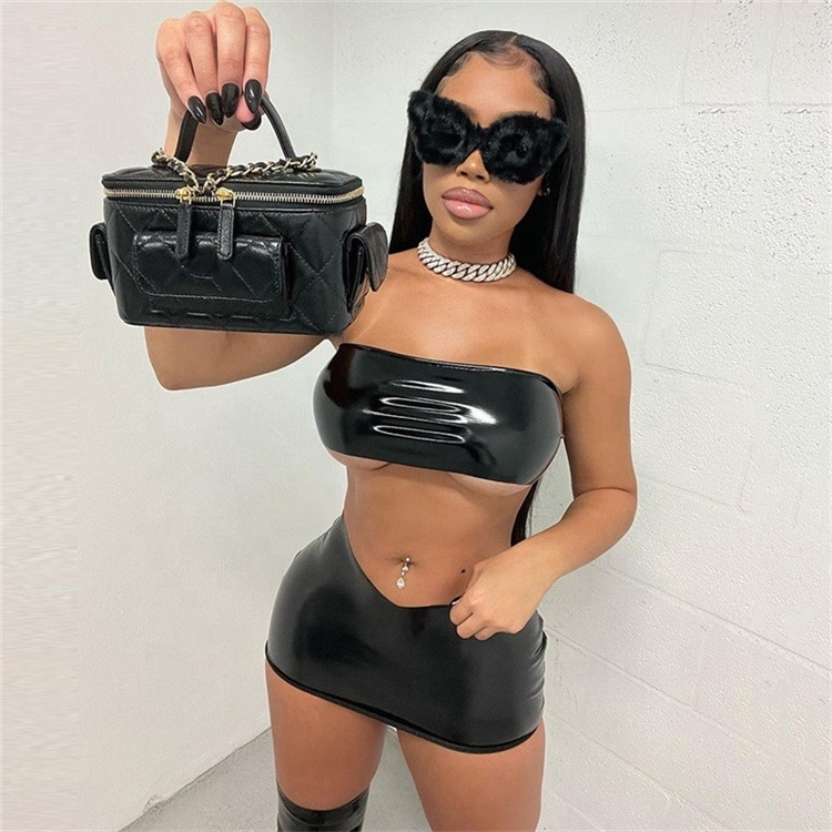 Shiny Leather Two Piece Set Women Sexy Cleavage Wrapped Chest Tops+Irregular Shapre Skinny Hip Skirt Suits