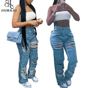 Sexy Hollow Ripped Pocket Cargo Jeans For Women 2023 New Loose Distressed Denim Pants Fashion Street Hipsters Trousers