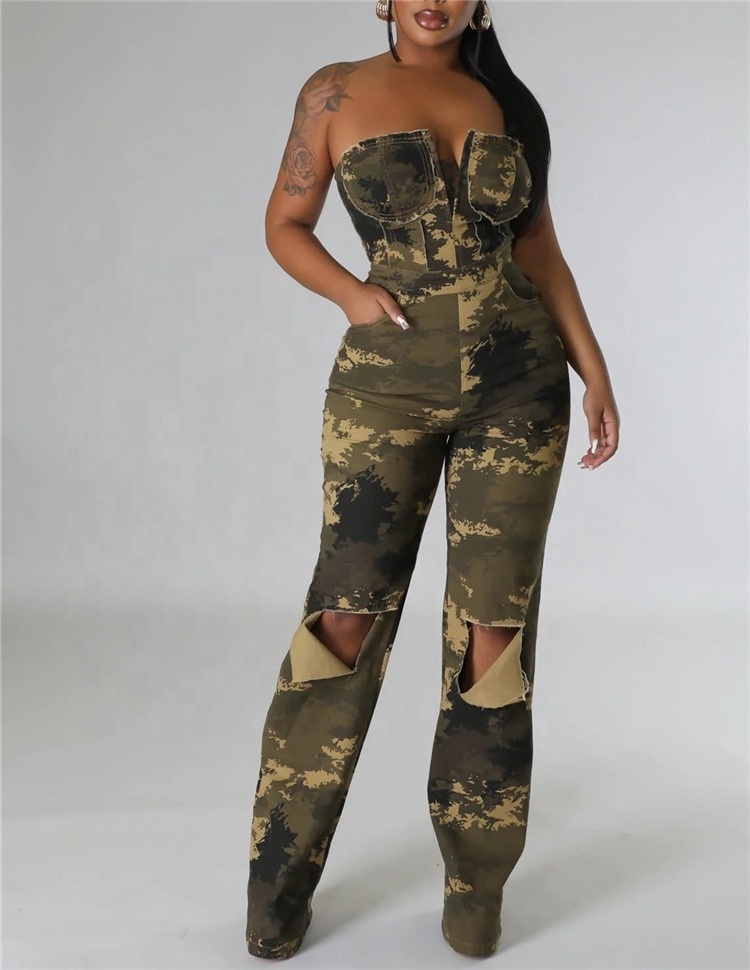 Women Strapless Camouflage Skinny Hole Jumpsuit 2024 Fashion Streetwear Sexy Party One Piece Set