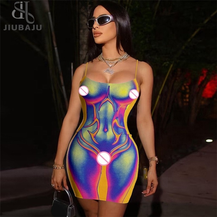 3D Colorful Print Sleeveless Slips Sexy Bodycon Mini Dress Summer