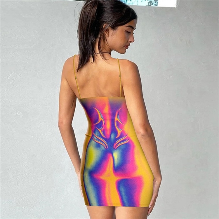 3D Colorful Print Sleeveless Slips Sexy Bodycon Mini Dress Summer