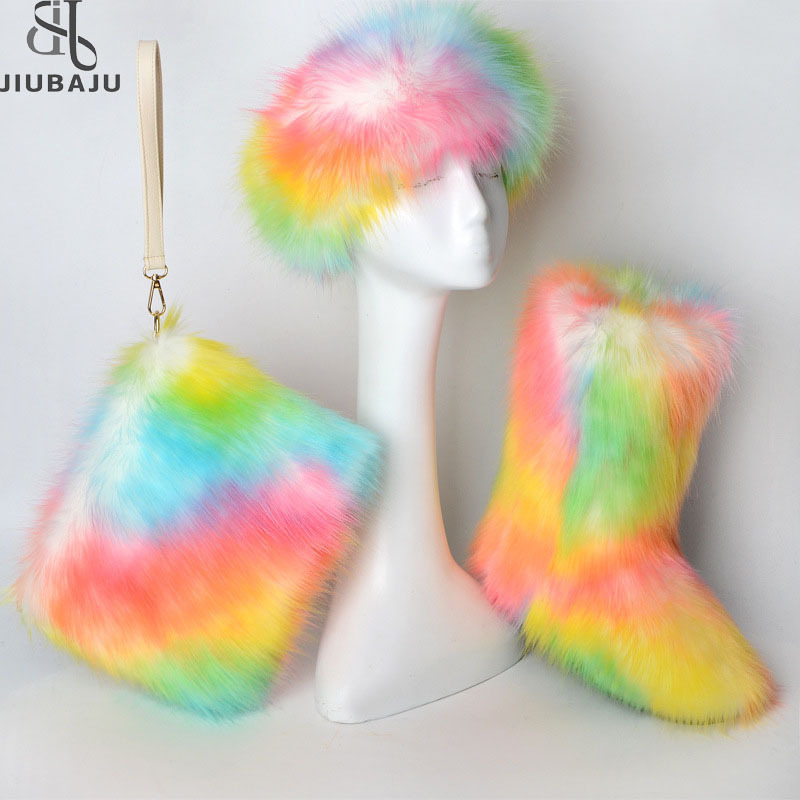 Women Winter Faux Fluffy Fur Ankle Boots Matching Headband And Purse Popular Colorful 3 Pc Snow Fur Boots