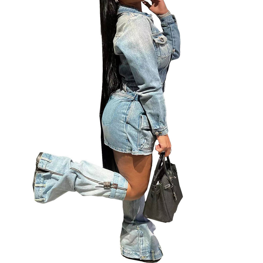 2023 Autumn Women Long Sleeves Turn-down Collar Pockets Mini Denim Dress With Leg Cover Girls Party Dress Sets