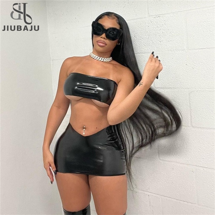 Shiny Leather Two Piece Set Women Sexy Cleavage Wrapped Chest Tops+Irregular Shapre Skinny Hip Skirt Suits