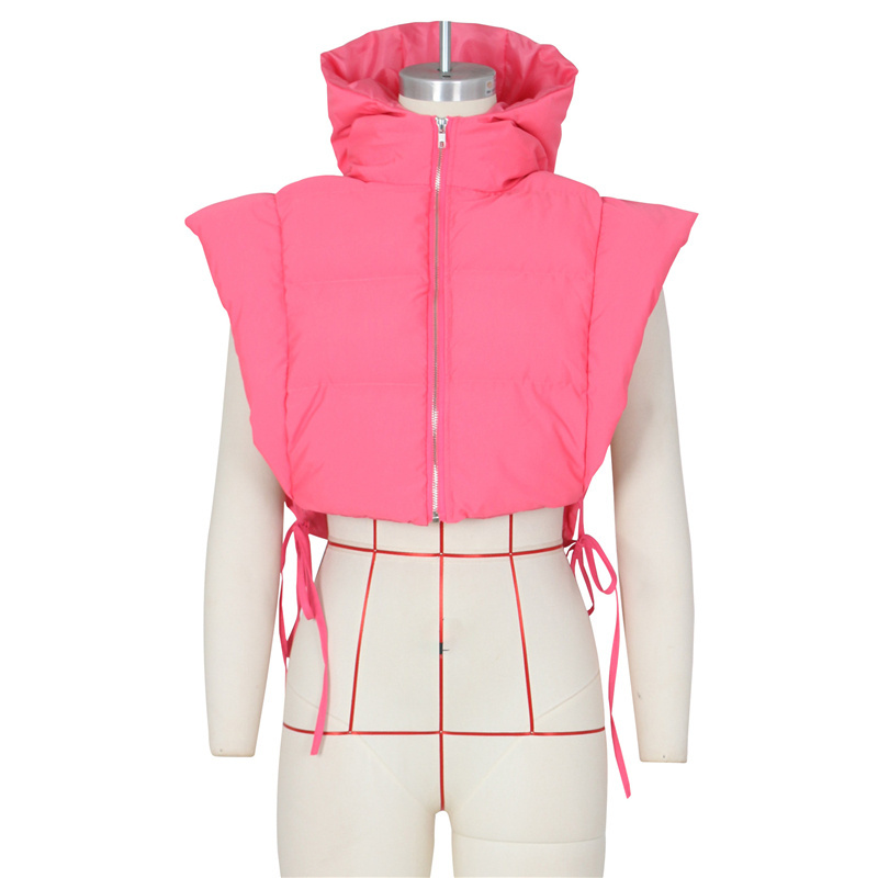 Fashion Side Hollow Out Straps Crop top Jacket Solid Color Sleeveless Zip Up Hoodie Thick Women 2022 Bubble Vest