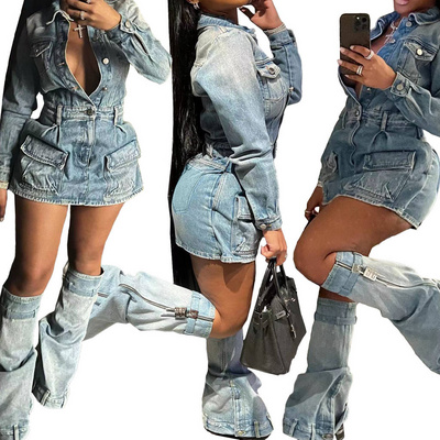 2023 Autumn Women Long Sleeves Turn-down Collar Pockets Mini Denim Dress With Leg Cover Girls Party Dress Sets