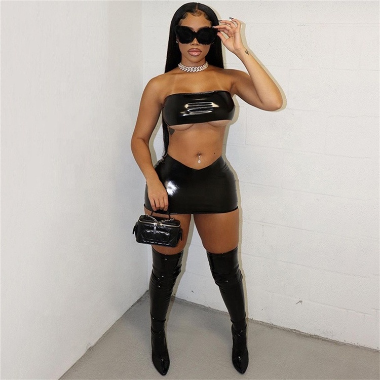 Shiny Leather Two Piece Set Women Sexy Cleavage Wrapped Chest Tops+Irregular Shapre Skinny Hip Skirt Suits