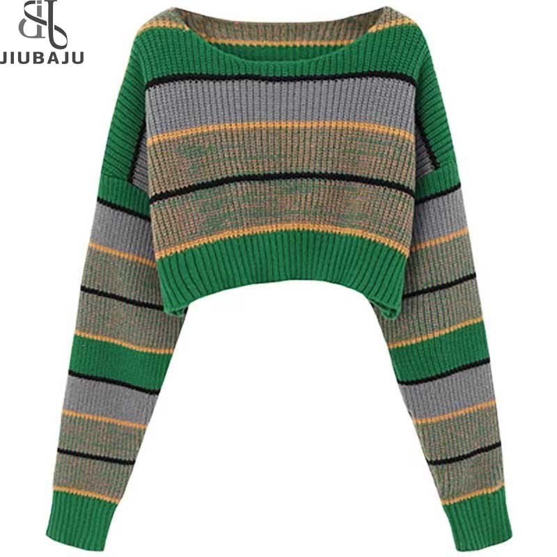 2024 New Style Spring Color Collision Green Stripe Hot Knitted Top Women Fashionable Crop Top Sweater