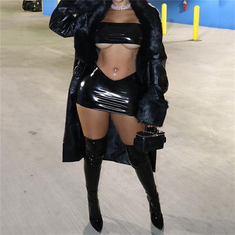 Shiny Leather Two Piece Set Women Sexy Cleavage Wrapped Chest Tops+Irregular Shapre Skinny Hip Skirt Suits