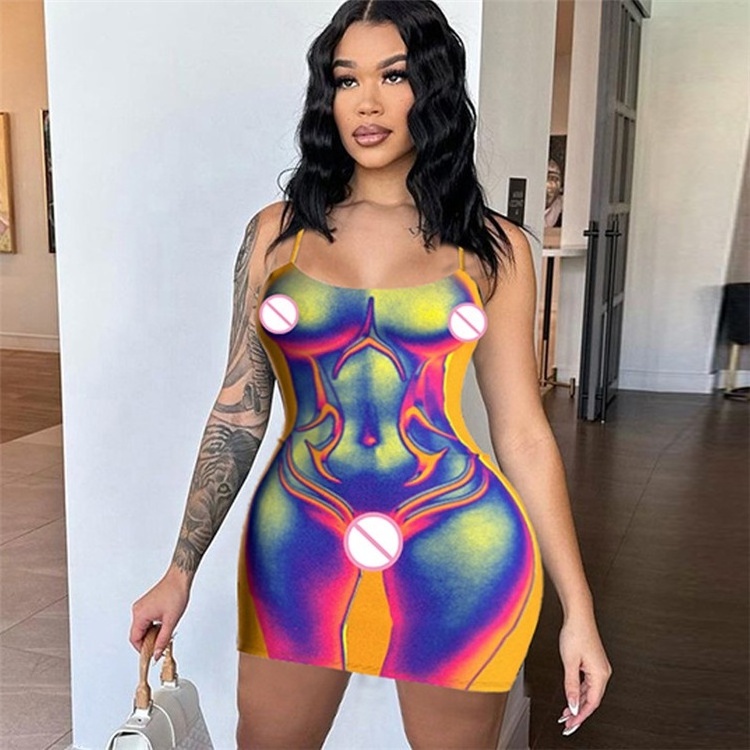 3D Colorful Print Sleeveless Slips Sexy Bodycon Mini Dress Summer