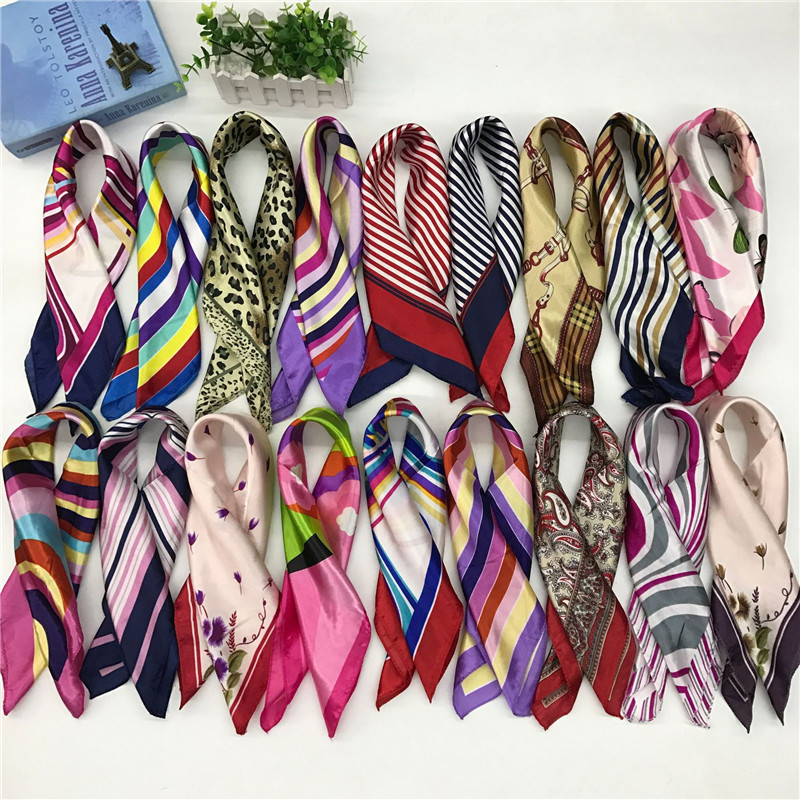 Various Color 50*50cm Printed  Pattern Manufacturer Women Scarf Turban Hair Accessories Ladies Square Satin Silk Scarves