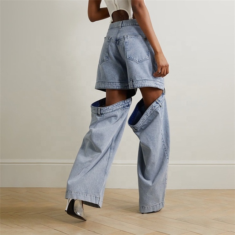 Spliced Zipper Hollow Out Demin Jeans For Women High Waist Patchwork Pockets Wide Leg Jean Trouser