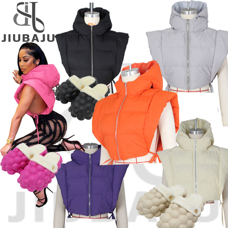 Fashion Side Hollow Out Straps Crop top Jacket Solid Color Sleeveless Zip Up Hoodie Thick Women 2022 Bubble Vest