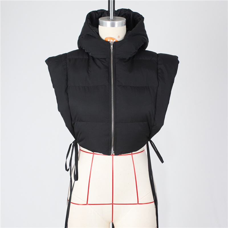 Fashion Side Hollow Out Straps Crop top Jacket Solid Color Sleeveless Zip Up Hoodie Thick Women 2022 Bubble Vest