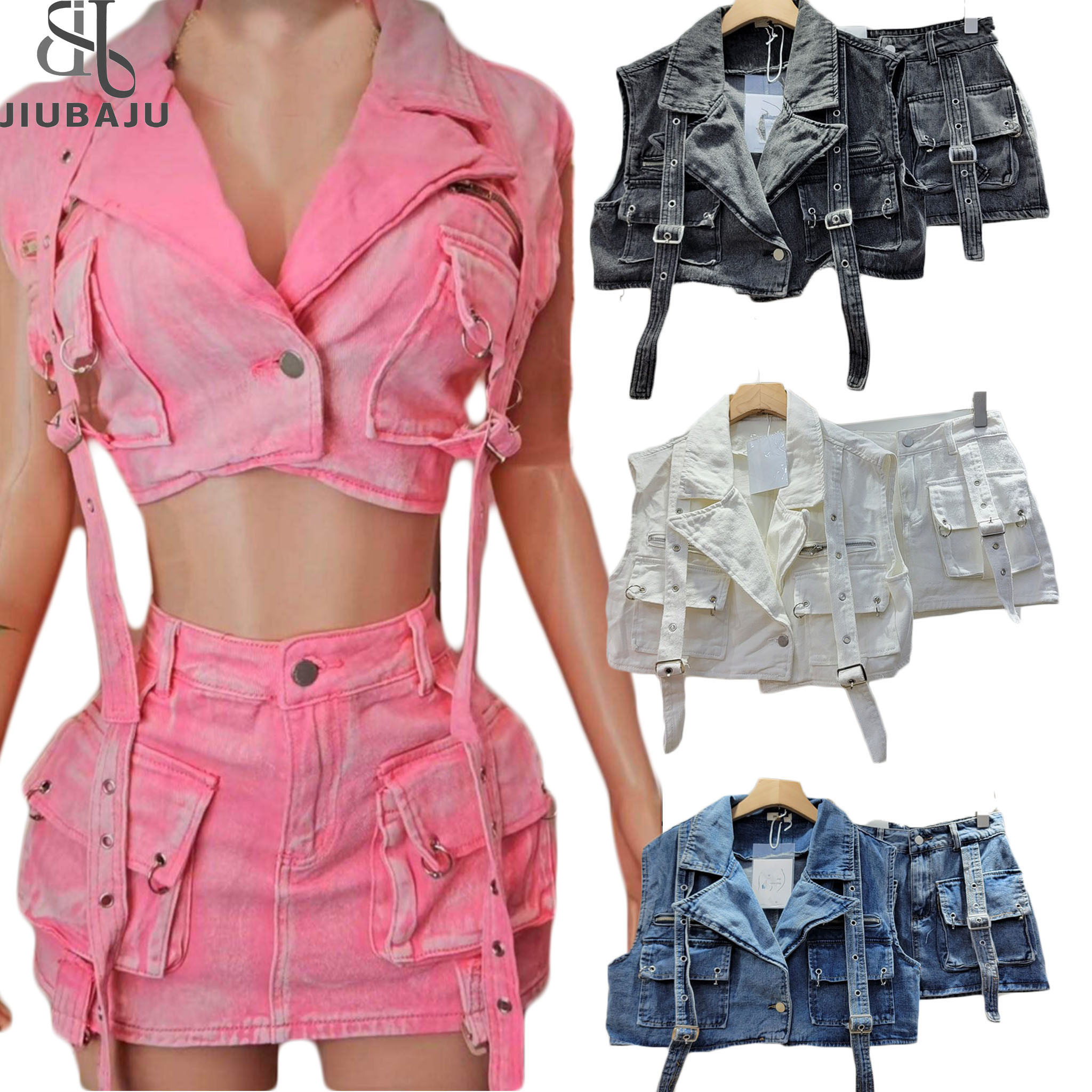 Hot Selling Pink Denim Sleeveless Tank Top Match Wrap Mini Skirt 2 Pcs Set Women Summer Cargo Pockets Outfits