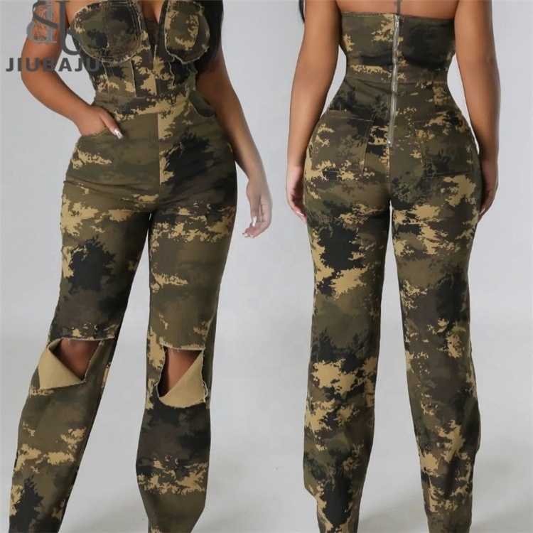 Women Strapless Camouflage Skinny Hole Jumpsuit 2024 Fashion Streetwear Sexy Party One Piece Set