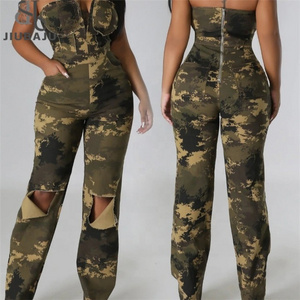 Women Strapless Camouflage Skinny Hole Jumpsuit 2024 Fashion Streetwear Sexy Party One Piece Set