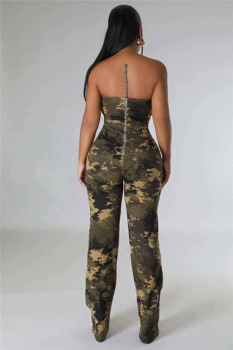 Women Strapless Camouflage Skinny Hole Jumpsuit 2024 Fashion Streetwear Sexy Party One Piece Set