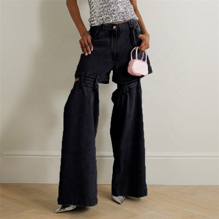 Spliced Zipper Hollow Out Demin Jeans For Women High Waist Patchwork Pockets Wide Leg Jean Trouser