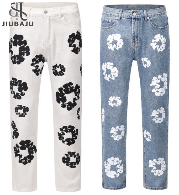 Fashion All Match Daisy Print Basic Denim Pants High-waisted Jeans Straight Fit Baggy Jeans Casual Pants