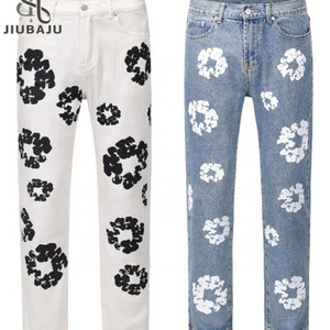 Fashion All Match Daisy Print Basic Denim Pants High-waisted Jeans Straight Fit Baggy Jeans Casual Pants