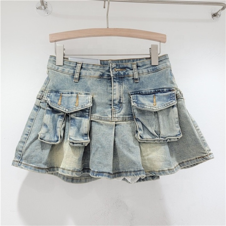 Women's Denim Skirts Patchwork Asymmetric Pockets Pleated A-line Short Cargo Mini Skirt