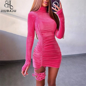 Velvet Turtleneck Long Sleeve Shirring Tie Flower Lace Up Mini Dress Winter Women Elegant Dresses