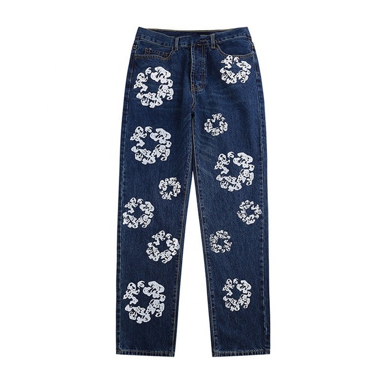 Fashion All Match Daisy Print Basic Denim Pants High-waisted Jeans Straight Fit Baggy Jeans Casual Pants