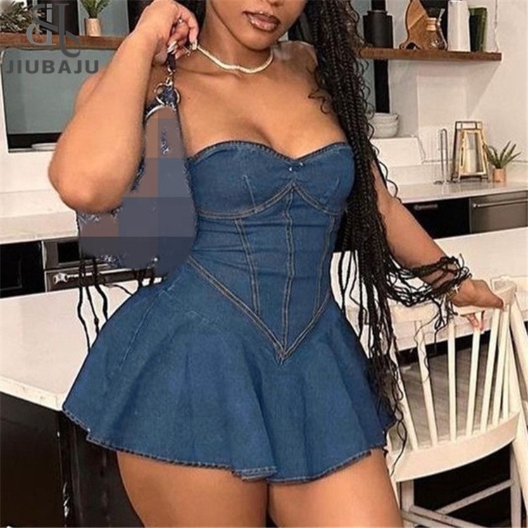 Sexy Off Shoulder Pleated Mini Dress Fake Denim Women Sleeveless Backless Fashion Hot Girl Dress