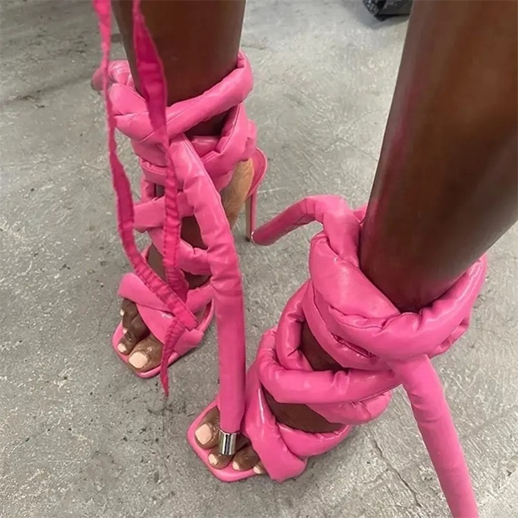 Summer Women Gladiator Sandals Cloth Rope Lace Up Strappy High Heel Sandalias Sexy Square Open Toe Stilettos Sandals For Woman