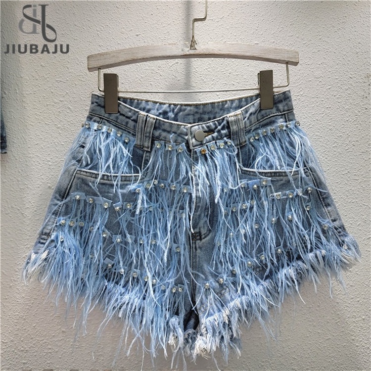 Summer Diamonds Ostrich Feather Tassel Blue Denim Shorts Female 2024 New Fashion Slim Fit All-Match Denim Short Jeans for Women