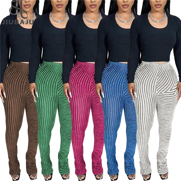 Fall Winter Stacked Sweat Fuzzy Pants Elastic Waist Fit Slim Woolen Pleated Pants Women Fuzzy Stacked Ruched Flared Trousers