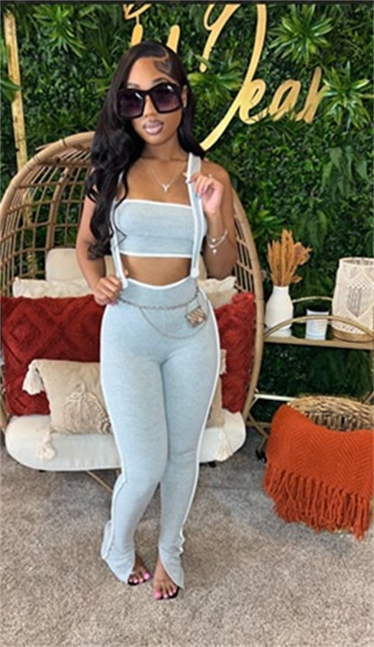 Ribbed 2 Piece Set Women's Long Jumpsuit and Strapless Crop Tops Matching Set