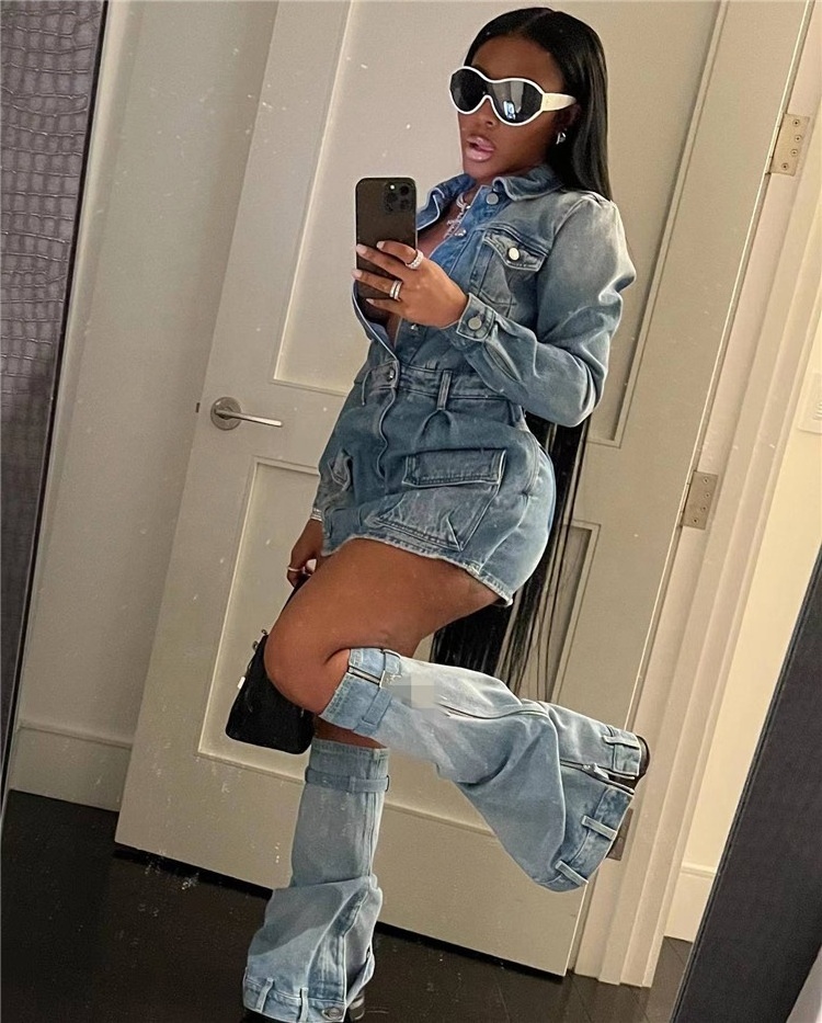 Fall Winter Y2K Streetwear Sexy Jeans Club Wear Vintage Denim Dress Set Lapel Neck Shirts Cargo Dress with Leg Covers 2023