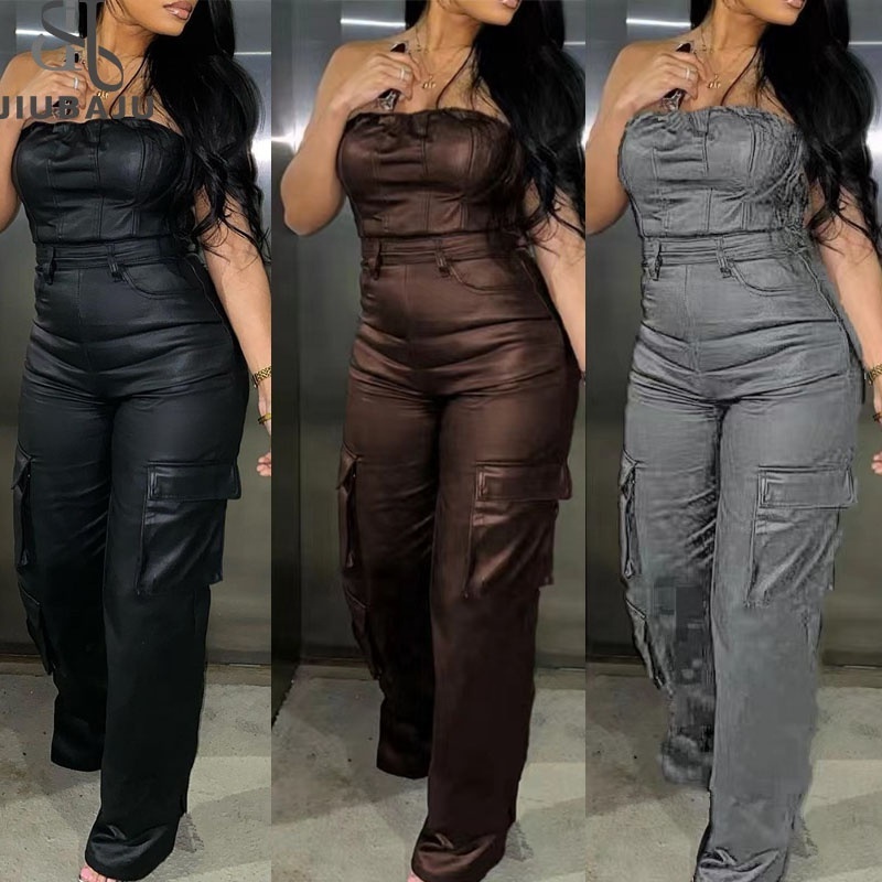 Black Faux Leather Jumpsuit Women Off Shoulder Long Jumpsuits Woman Summer Cargo Jumpsuit