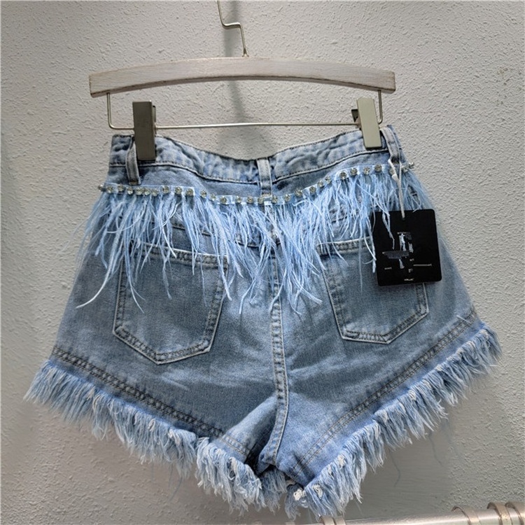 Summer Diamonds Ostrich Feather Tassel Blue Denim Shorts Female 2024 New Fashion Slim Fit All-Match Denim Short Jeans for Women