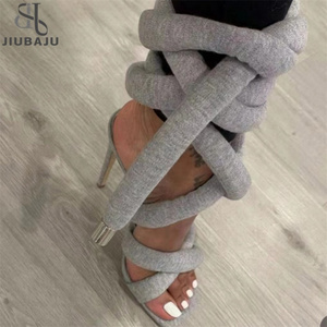 Summer Women Gladiator Sandals Cloth Rope Lace Up Strappy High Heel Sandalias Sexy Square Open Toe Stilettos Sandals For Woman