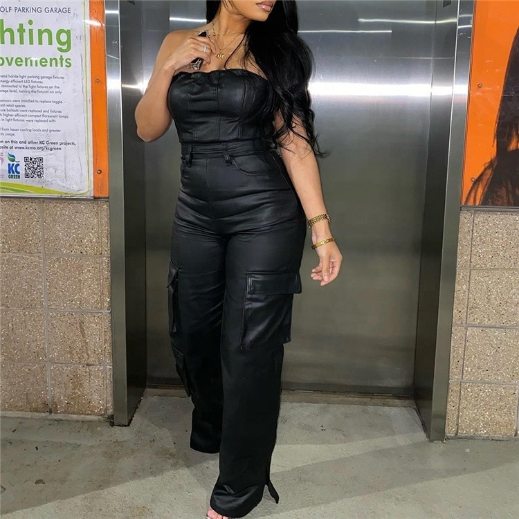 Black Faux Leather Jumpsuit Women Off Shoulder Long Jumpsuits Woman Summer Cargo Jumpsuit