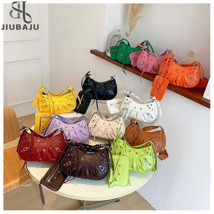 Woman Rivet Half Moon Hobo Bags With Mini Purse Casual Lady Shoulder Bag Punk Style Woman Satchels Handbag