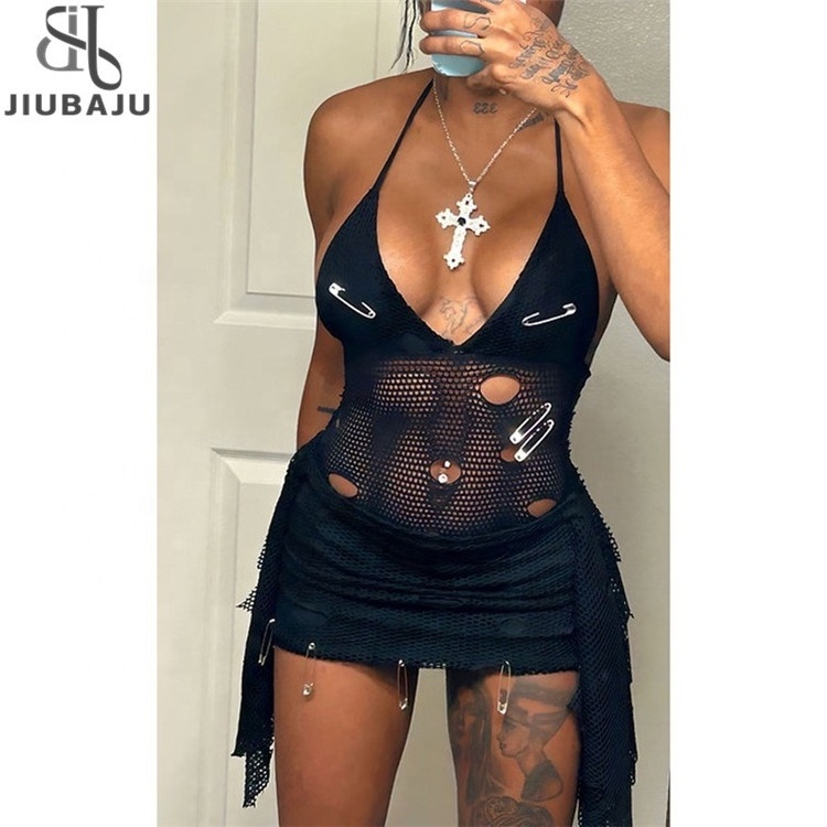 Sexy Black Hollow Out Pin Decoration Mini Dress Baddie Outfits Woman 2024 Spring Halter V Neck Backless Party Club Dress