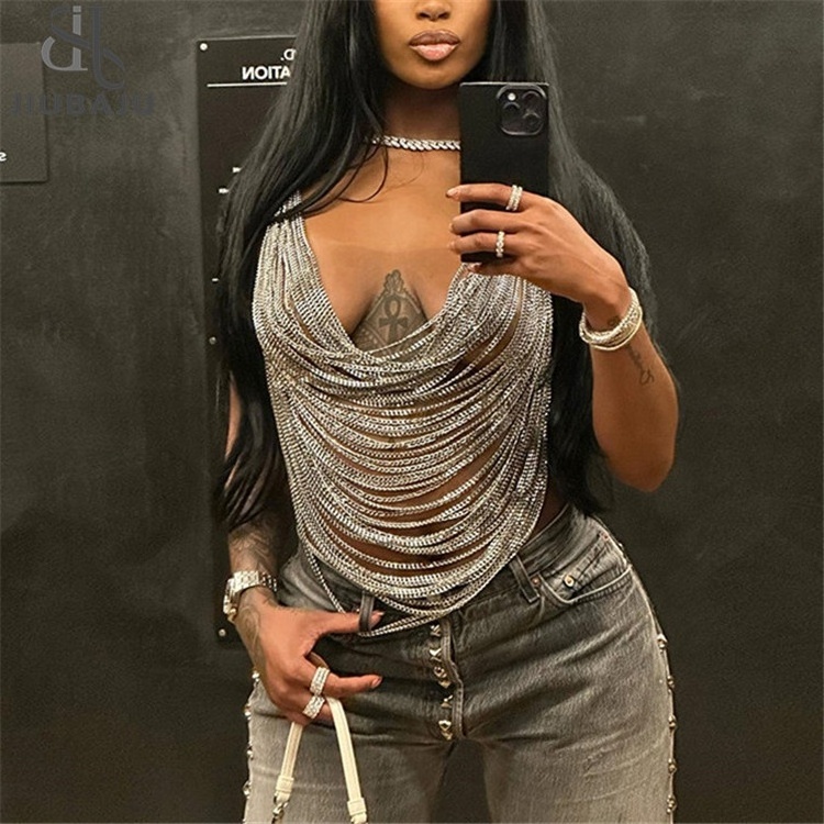 Y2K Halter Chain Decoration Crop Tops Women New Summer Fashion Sexy Backless Cleavage Tanks Female Party Midnight Camis