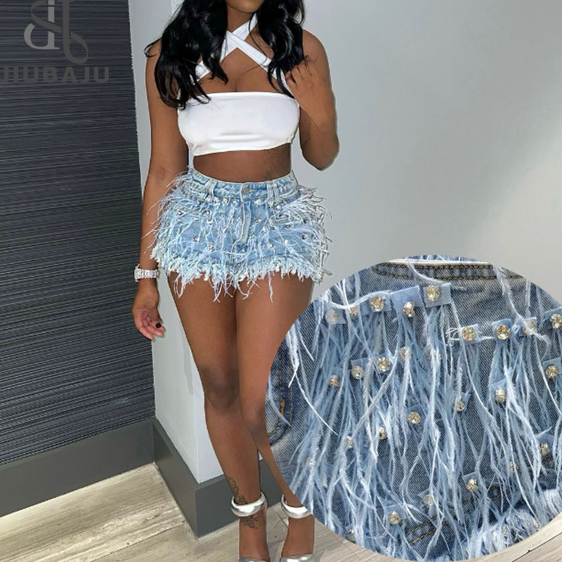 Summer Diamonds Ostrich Feather Tassel Blue Denim Shorts Female 2024 New Fashion Slim Fit All-Match Denim Short Jeans for Women