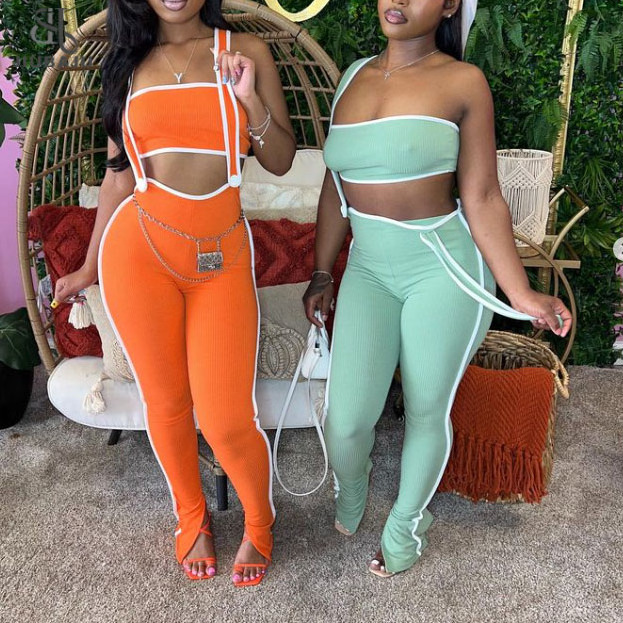 Ribbed 2 Piece Set Women's Long Jumpsuit and Strapless Crop Tops Matching Set