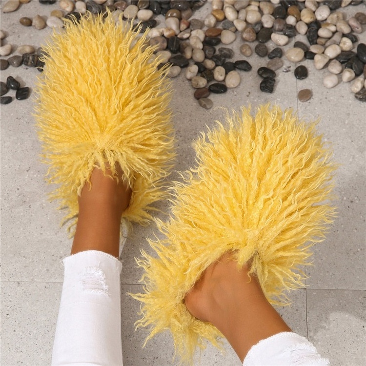 Winter Furry Shoes Women Fur Slippers Fluffy Faux Mongolian Fur Slides Warm Plush Slippers Fuzzy Flip Flops Luxury Shoes Woman