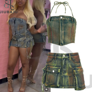 Green Tie Dye Denim Two Piece Sets Women High Quality Tube Top  2 Piece Skirt Set Women Fashion