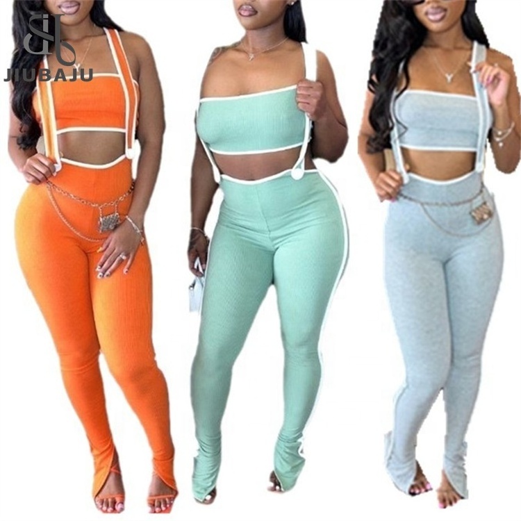 Ribbed 2 Piece Set Women's Long Jumpsuit and Strapless Crop Tops Matching Set