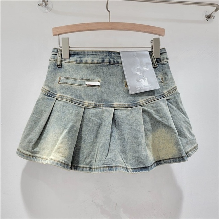 Women's Denim Skirts Patchwork Asymmetric Pockets Pleated A-line Short Cargo Mini Skirt