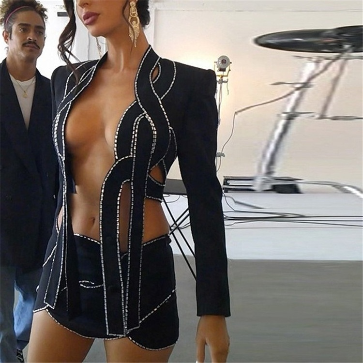 Diamond Line Decoration Two Piece Suit Women Sexy Low Neck Cut Out Cleavage Jacket+Irregular Skirt